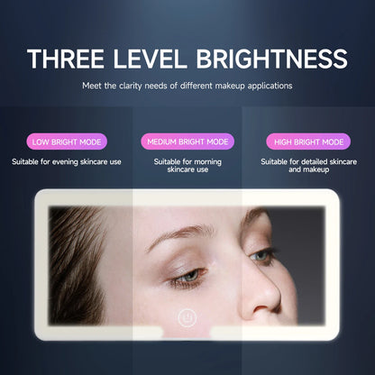Display of a digital mirror with three brightness levels for skincare and makeup use.